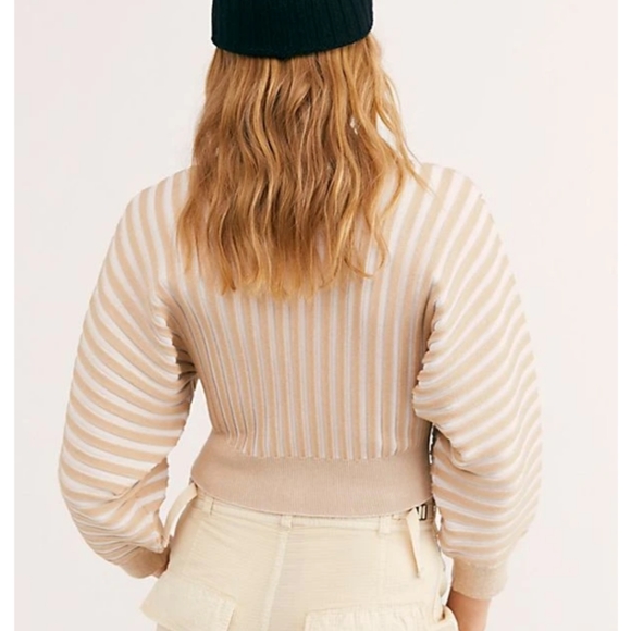 Free People Mad Chill Ribbed Turtleneck Balloon Sleeve Neutral Ivory Cream Tan S - Picture 3 of 9